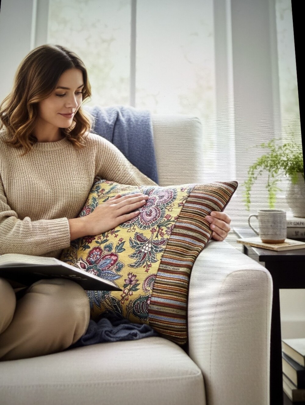 Floral Paisley Mu Accent Pillow Cover with Striped Trim